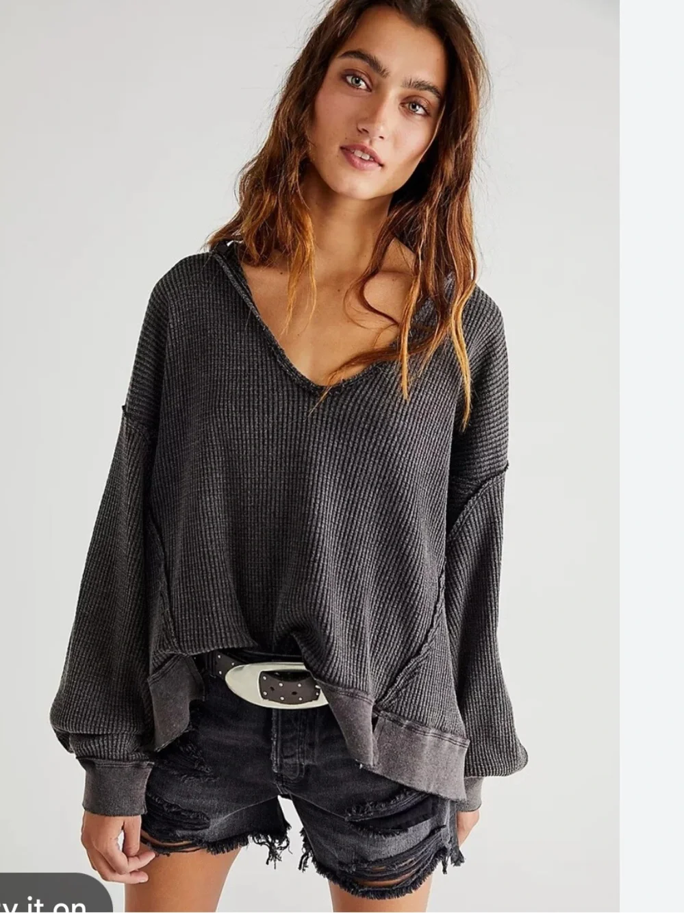 Free People 🩶🖤 we the free Charcoal Waffle V-Neck Cozy long sleeve Sweater NWT
